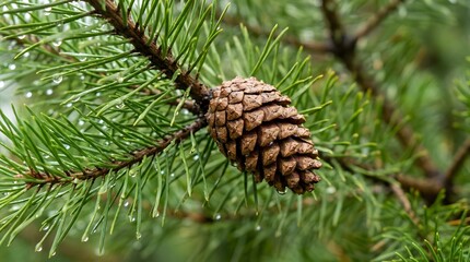 Fototapeta premium Close up of a pine cone hanging on a green pine tree branch
