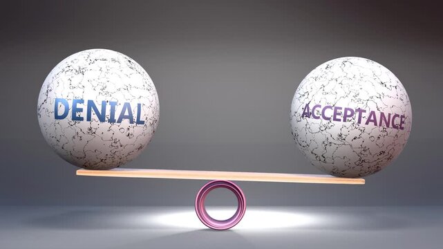 Denial and acceptance in balance - balancing stones on a scale symbolizing harmony, equity and equilibrium between denial and acceptance. Harmonious and beneficial situation.