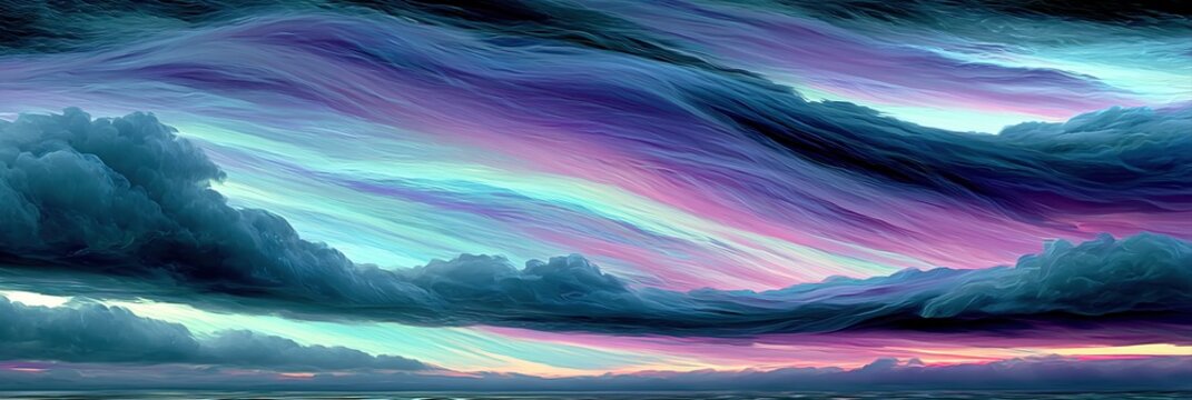 Surreal Abstract Sky with Swirling Clouds in Purple, Blue, and Teal Hues Over Calm Water