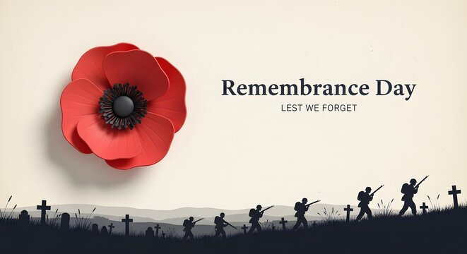 Remembrance Day poppy illustration with soldiers silhouette.