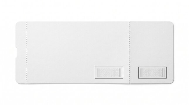 Blank white boarding pass mockup, clean airline ticket template with perforated edges, minimalist travel document on white background
