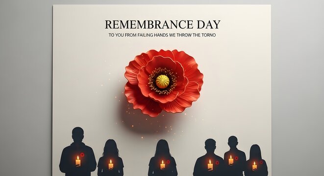Remembrance Day commemorative graphic with red poppy and silhouettes holding candles.