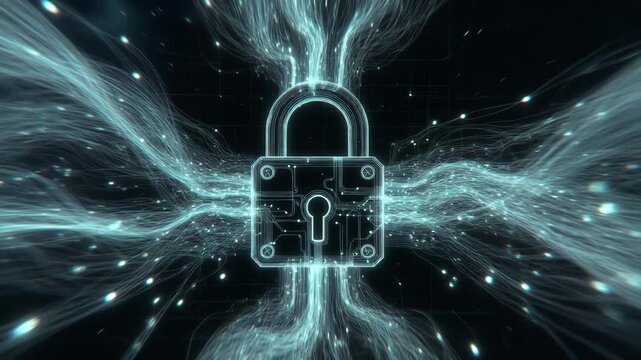 Lock symbol with flowing light lines in futuristic style on dark backdrop, concept of cybersecurity and data protection