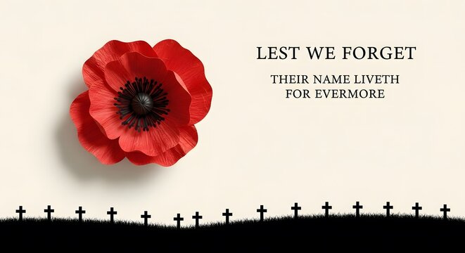 Remembrance Day poppy flower with silhouette of crosses on a beige background.