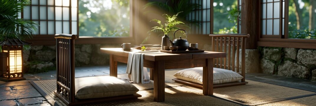 Tranquil Japanese Tea Ceremony Setting with Sunlight Streaming Through Windows