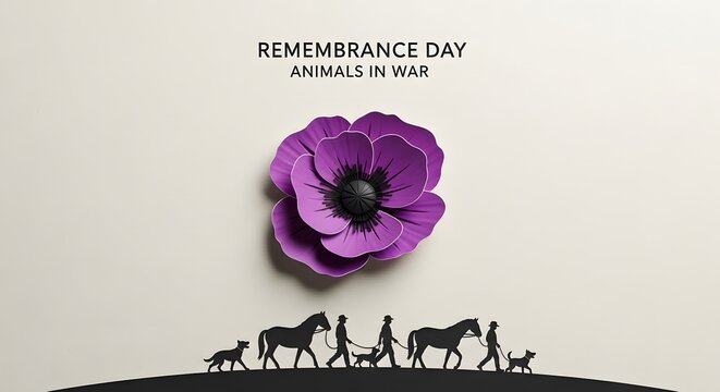 Remembrance Day purple poppy with silhouettes of animals and soldiers in war.