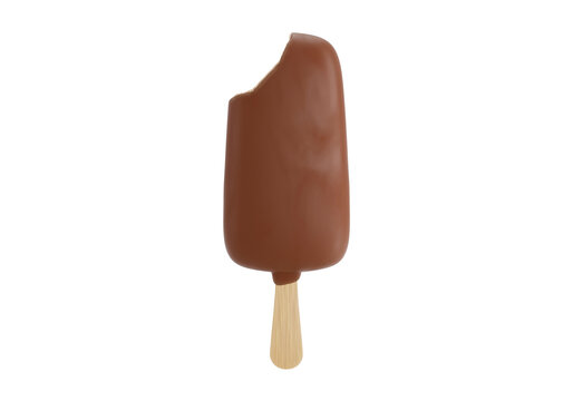 Bitten chocolate ice cream bar on wooden stick isolated on white background