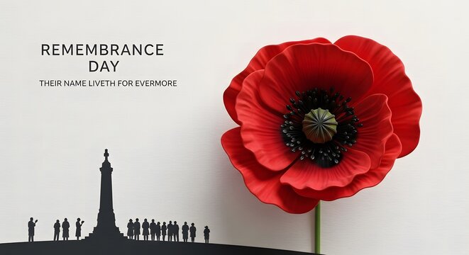 Remembrance Day memorial graphic with red poppy flower and silhouette of people.
