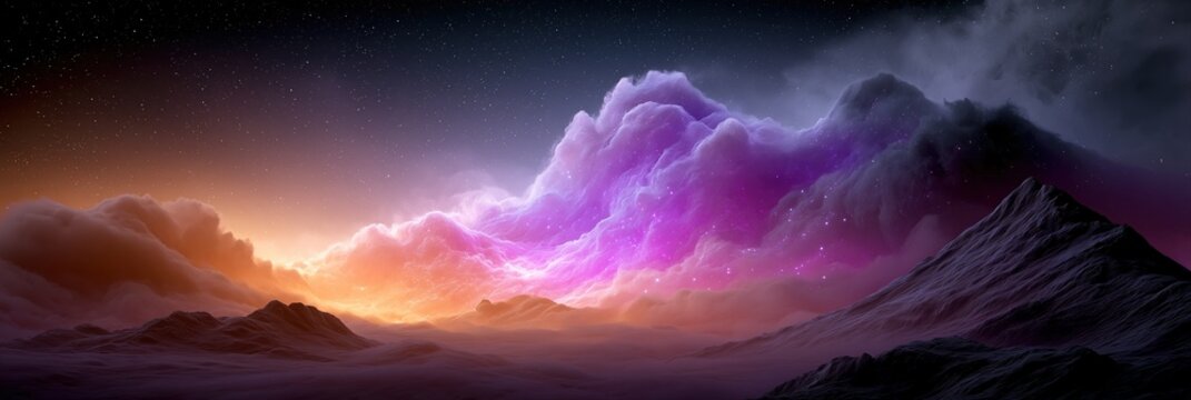 Vibrant Nebula Clouds in a Cosmic Landscape with Stars and Mountains