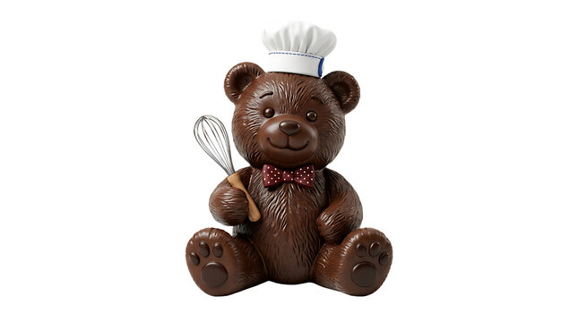 Cute 3D brown chocolate teddy bear wearing a white chef hat and holding a whisk.