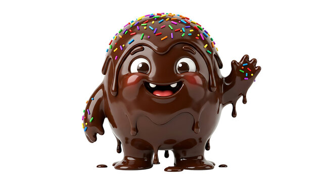 Cheerful 3D melted chocolate blob monster character topped with colorful sprinkles.