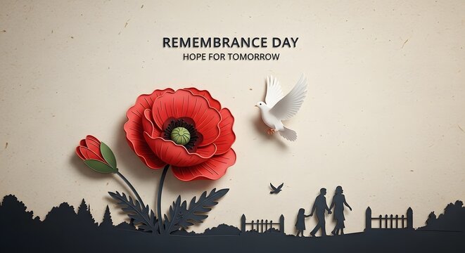 Remembrance Day paper art illustration with poppy flower and family silhouette.