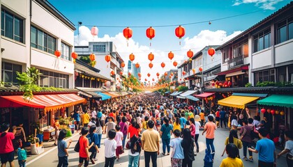 Obraz premium Vibrant outdoor festival with crowd and lanterns celebration.