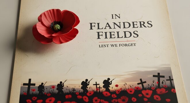 In Flanders Fields book cover with red poppy and soldier silhouettes on battlefield.