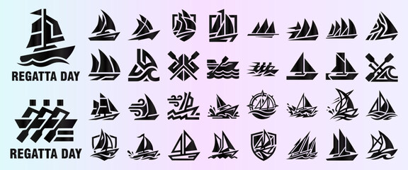 Regatta Day Sailing and Rowing Boat Icon Set Silhouette Vector © Dragut Design AI