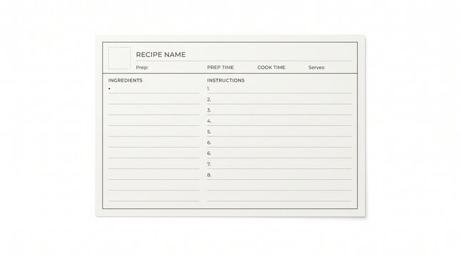 Minimalist recipe card template on white background, blank kitchen organizer card with ingredients and instructions sections, clean paper stationery