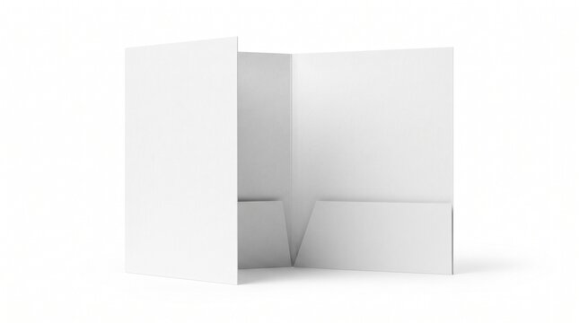 Minimalist white presentation folder mockup, blank open pocket folder for corporate branding, clean stationery paper folder on white background