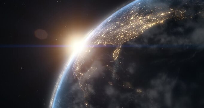 Timelapse of Sunrise Over Rotating Earth Seen From Space, Golden Dawn Illuminating Glowing Urban Lights at Night. Opener Graphics for Broadcast News Intro on Communication, Connectivity, Future