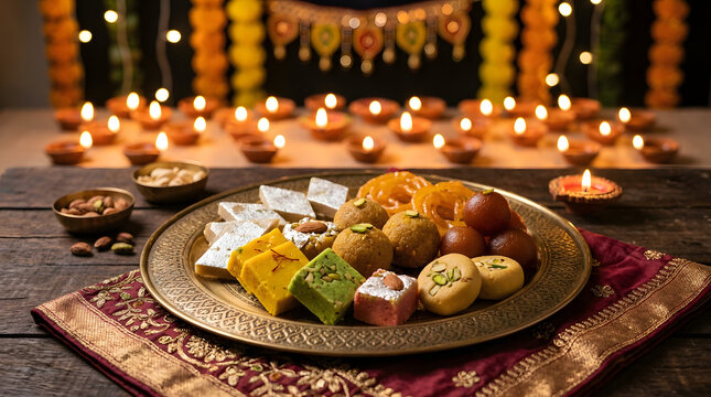 Indian traditional sweets mithai arranged on a plate with illuminated diyas in background