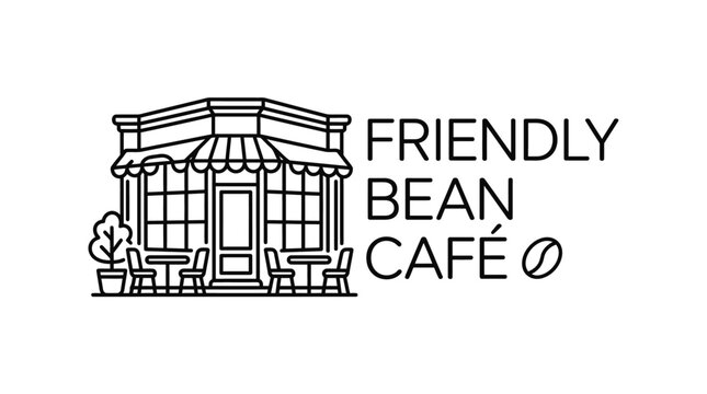 Cafe building exterior with tables and chairs and text logo