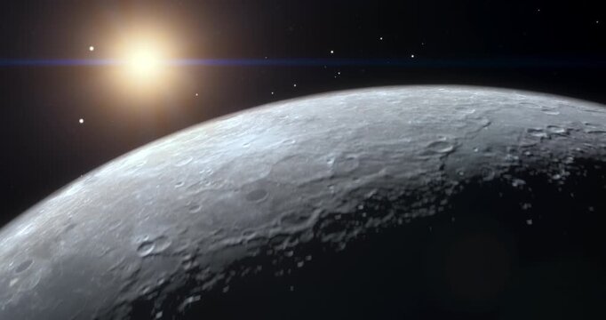 Moon Rotates in Space With Fixed Sun Lighting it's Cratered Surface, Stars and Lens Flare in the Background. Concept of Lunar Colonisation, Mineral Extraction, Lunar Base and Space Travel Discovery