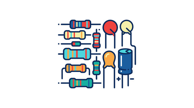 Collection of electronic components including resistors and capacitors