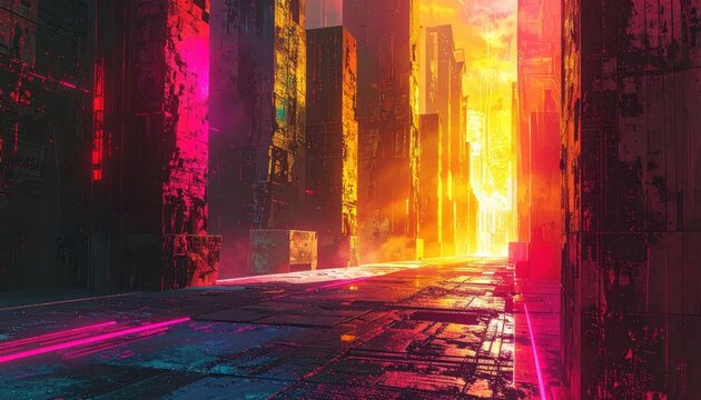 Futuristic Cyberpunk Cityscape with Neon Lights and Towering Structures at Dusk