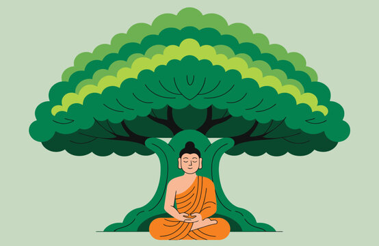 Buddha Meditating Under Sacred Bodhi Tree Minimalist Vector Illustration