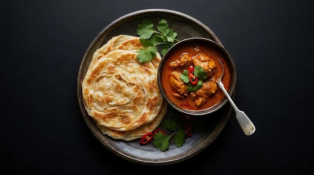 Indian chicken curry served with flaky paratha on dark plate.