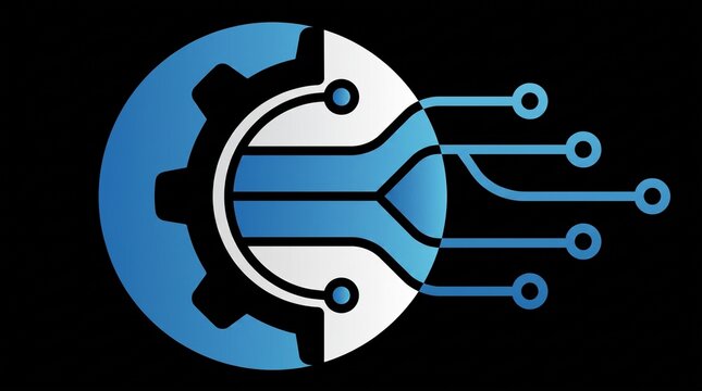 Modern technology logo featuring a blue gear and circuit board representing digital automation and artificial intelligence systems