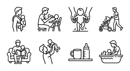 Fototapeta premium Fatherhood Icons: Parenting, Baby Care, Family Life Vector Set