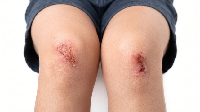 Close up of scraped knees with painful red abrasions and wounds isolated on white background