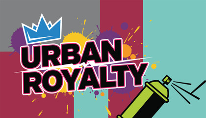 Fototapeta premium Vibrant urban royalty logo design featuring a crown and spray paint can with colorful paint splatters on a multi-colored background.