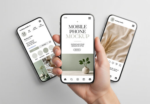 Three smartphone screens for social media design mockup