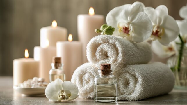 A serene spa setting with white towels, candles, and orchids