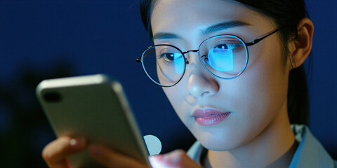 Fototapeta na wymiar Young asian woman with glasses uses phone at night. Blue screen light reflects on her face. She texts or browses online. Woman looks serious, focused on mobile device.