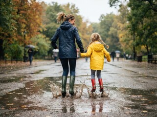 Obraz premium Mother and child jump in puddles hand-in-hand on autumn day outdoors