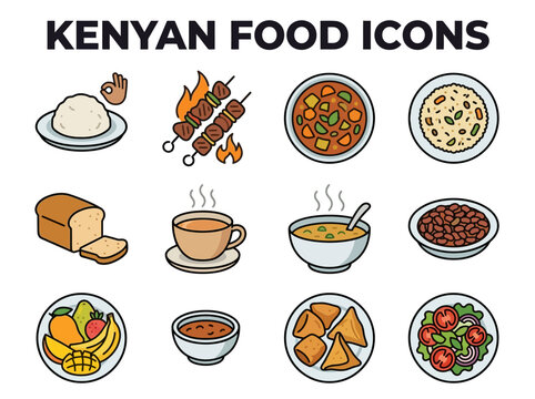 A 3x4 grid of flat vectorstyle icons illustrating various Kenyan food items such as ugali skewers tea and samosas