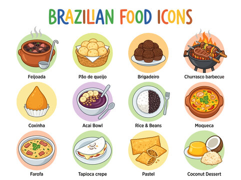 A grid of 12 illustrated icons representing classic Brazilian foods each labeled with its respective name