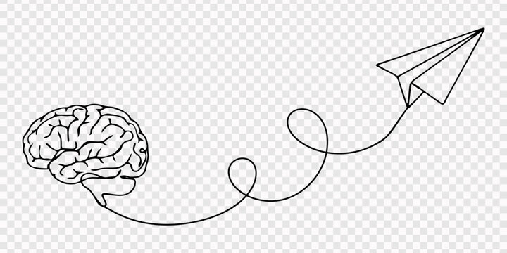Mind and plane outline, idea in brain head of human, motion to target on airplane, transparent background, Continuous one line drawing of human brain and paper plane flying up. Concept of idea emergen
