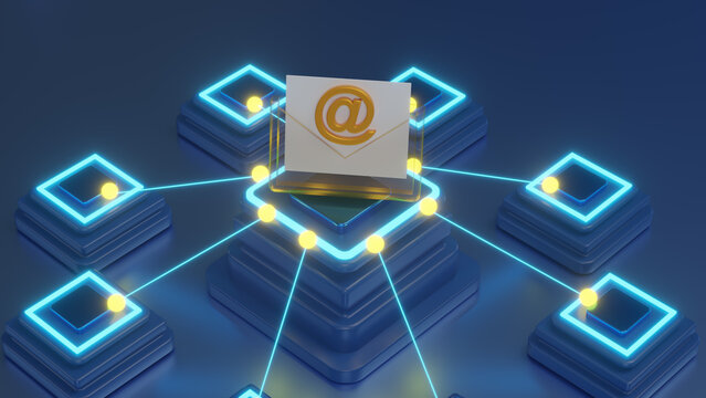 3D Email marketing campaign, subscription, business online communication, email communication, digital marketing. Mail delivery and newsletter concept. Receiving mail concept. 3d render illustration