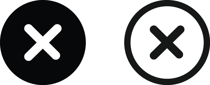 Black Circle Cross Mark Icon Set, Flat Filled and Outline Circular X Symbols Vector Illustration Isolated on White Background