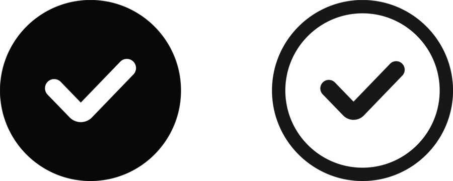 Black Circle Check Mark Icon Set, Flat Filled and Outline Circular Tick Symbols Vector Illustration Isolated on White Background