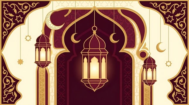 Islamic Ramadan background with golden lanterns and elegant arches.