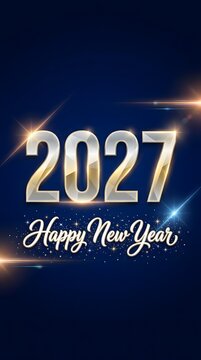 Shiny metallic 2027 numbers with happy new year text on a dark blue background with bright light flares and sparkles for a festive holiday celebration greeting card design poster