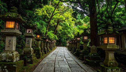 Obraz premium Serene garden pathway lined with blooming trees and historic house.