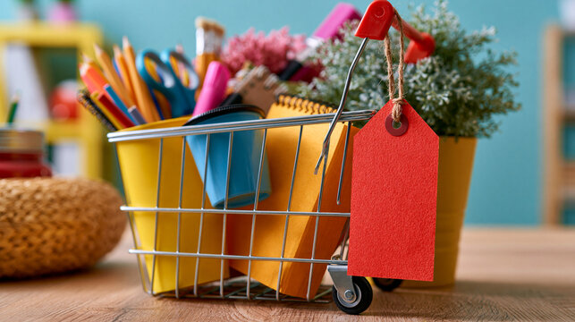 Bright school shopping promotion scene with a cart full of supplies and a blank red sale tag hanging beside it retail campaign concept seasonal offer back to school promotion