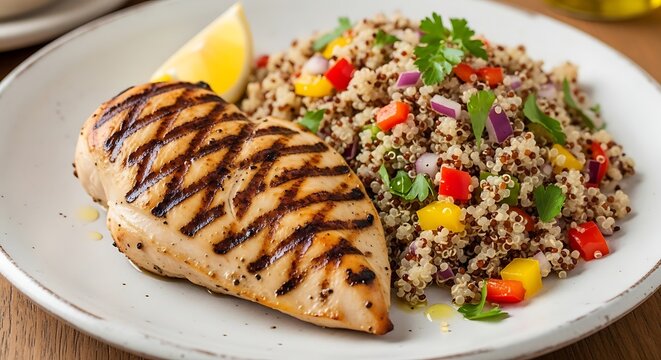 Delicious grilled chicken breast served alongside a healthy portion of mixed quinoa salad and fresh lemon wedges on a ceramic plate for a hearty meal during lunchtime at home or restaurant