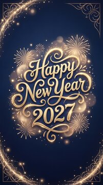 Happy new year 2027 elegant gold calligraphy lettering design with festive fireworks and glowing decorative border elements on a dark blue background for holiday greeting card celebration