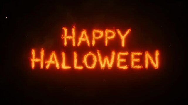 Happy halloween text written in orange fire flames on a black background